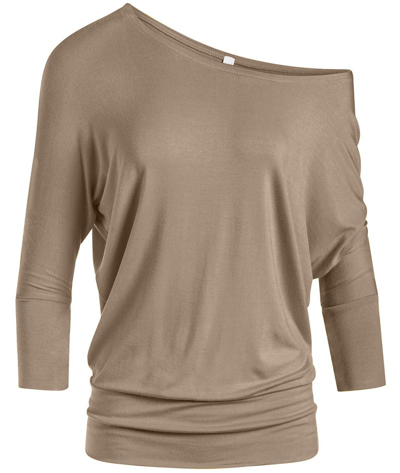 Simlu Womens Khaki Long Sleeve Shirt Khaki Round Neck Top Beige Dolman Top Boat Neck Tops for Women (Size X-Large, Khaki) - Image 1